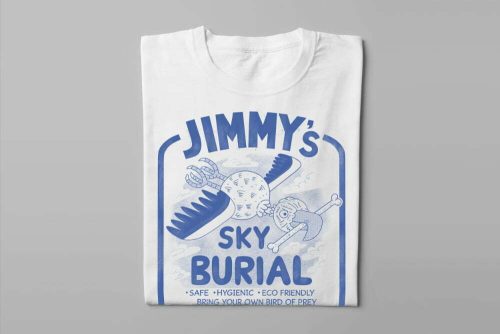 Jimmy's Sky Burial Illustrated Happy Chicken Fitness Cult Men's Tee - white - folded long