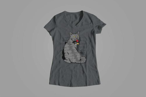 Cat and Mickey Mouse Gamma-Ray Graphic Design Ladies' Tee - charcoal