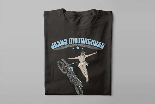Jesus Motocross Men's Tshirt Terrorist Tee - black with cyan print - folded long
