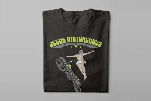 Jesus Motocross Men's Tshirt Terrorist Tee - black with lime print - folded long
