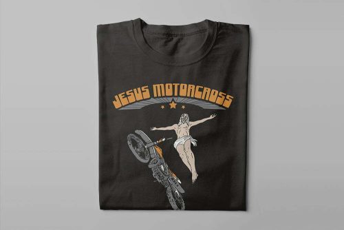 Jesus Motocross Men's Tshirt Terrorist Tee - black with tangerine print - folded long
